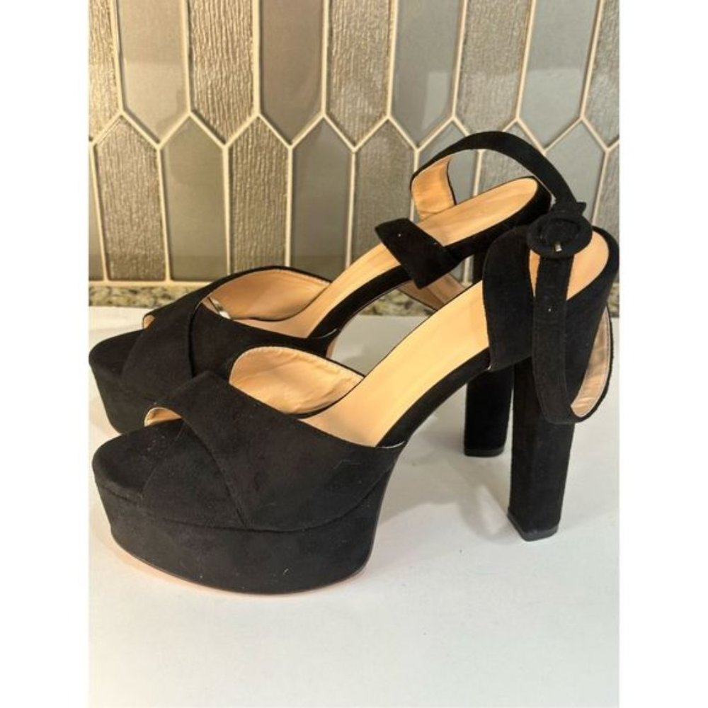 Black Suede Platform Block Heel Sandals
